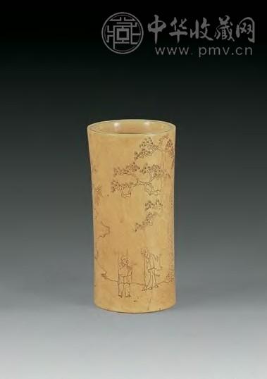 清 象牙线刻松下问学图笔筒