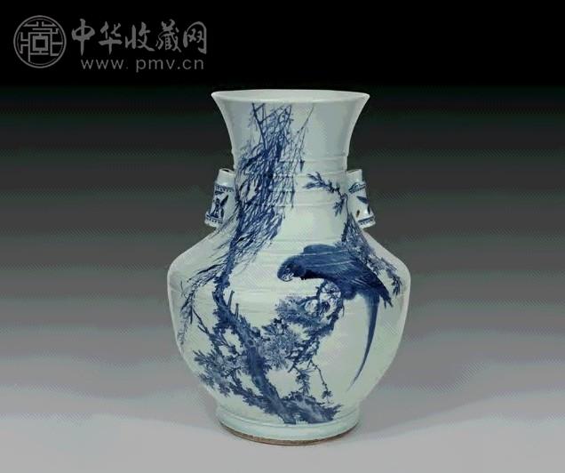 清末 金品卿画青花花鸟贯耳尊