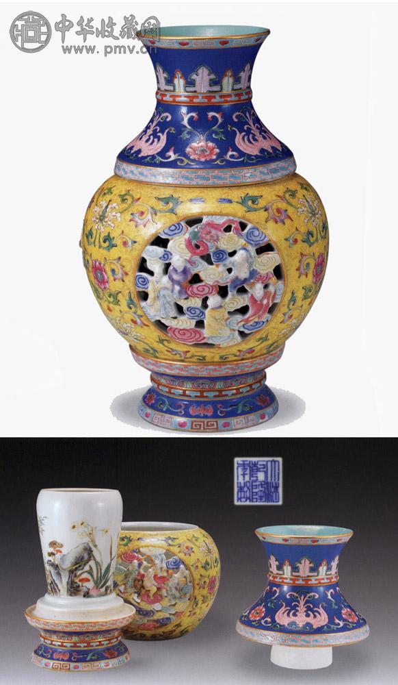 民国 黄地粉彩花卉十八罗汉转心瓶