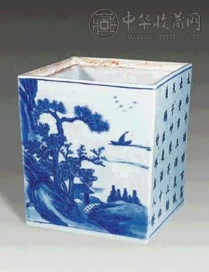 清嘉庆 青花山水方罐