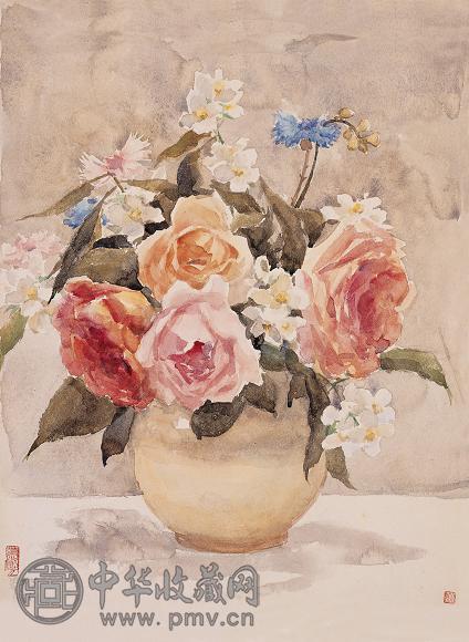 萧淑芳 瓶花 水彩 纸本