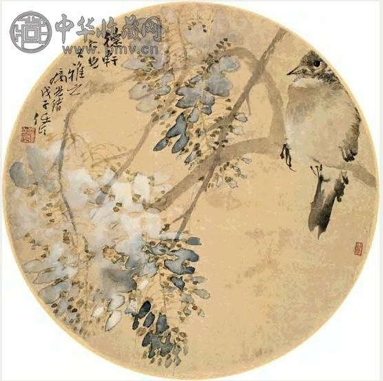 任伯年 1888年作 紫藤栖禽 团扇 设色绢本
