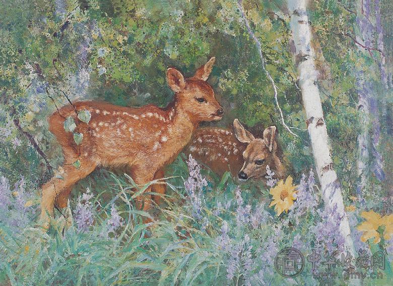 吴云华 1989年作 林中双鹿 布面 油画