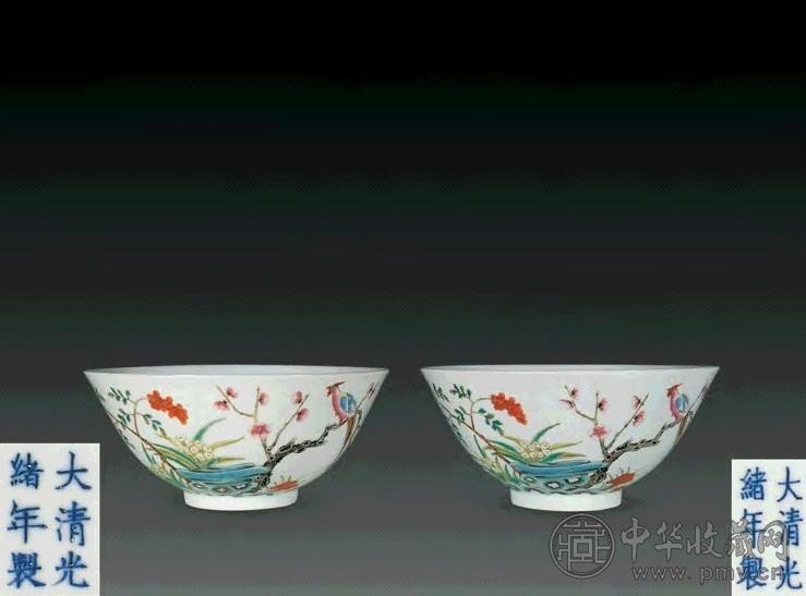 清光绪 粉彩花鸟碗(1对)