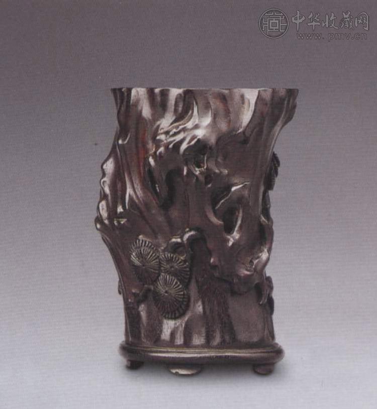清中期 紫檀雕松竹梅纹小笔筒