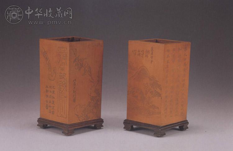 清 文竹雕山水人物方笔筒(2件)