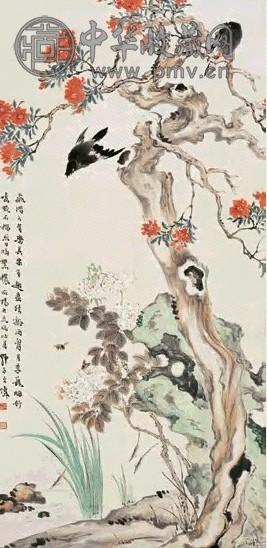 王师子 石榴八哥 立轴 设色纸本