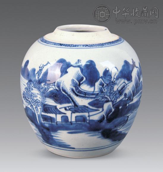 清乾隆 青花山水纹罐