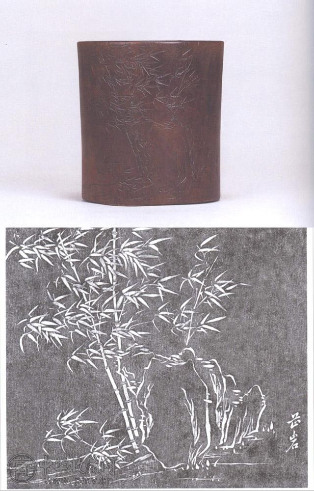 清 紫檀刻竹石图笔筒