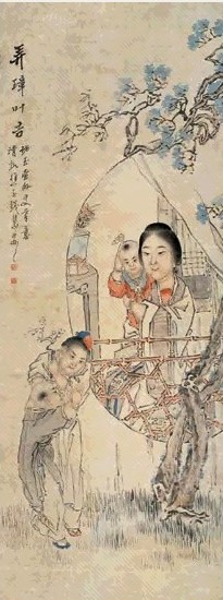 钱慧安 弄璋叶吉 立轴 设色纸本