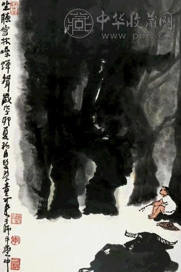 李可染 1987年作 听蝉图 镜片 纸本设色