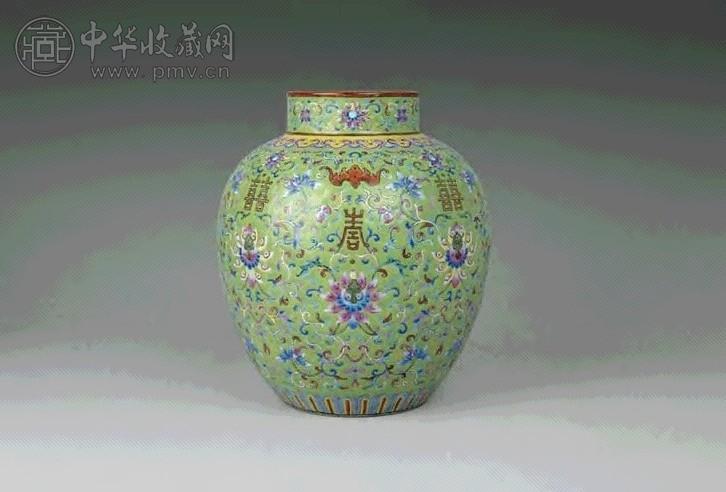 清道光 绿地粉彩福寿双喜罐