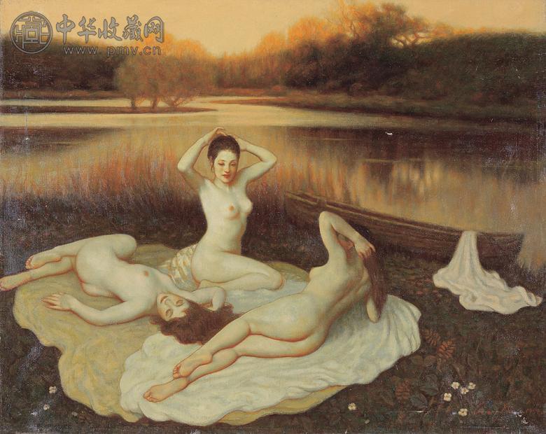 王嫩 1999年 浴女三人体 布面 油画