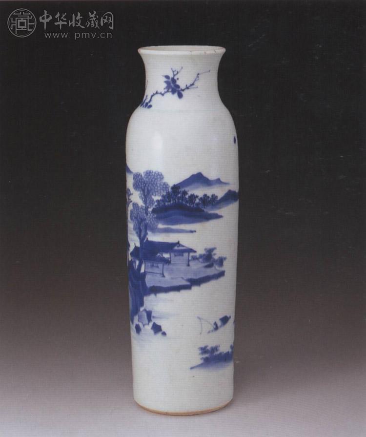 清顺治 青花山水筒式瓶