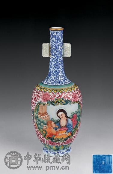 民国 仿珐琅开光西洋人物贯耳瓶