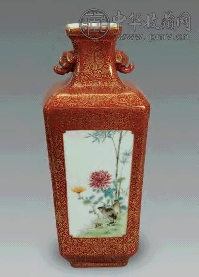 民国珊瑚红描金地粉彩开光四季花鸟纹方瓶收藏资讯|艺术家|书画家|书画