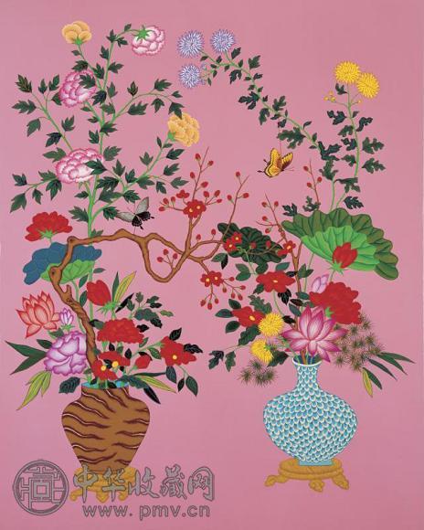 HONGJI-YEUN 2005年作 BIRDS AND FLOWERS 丙烯画布