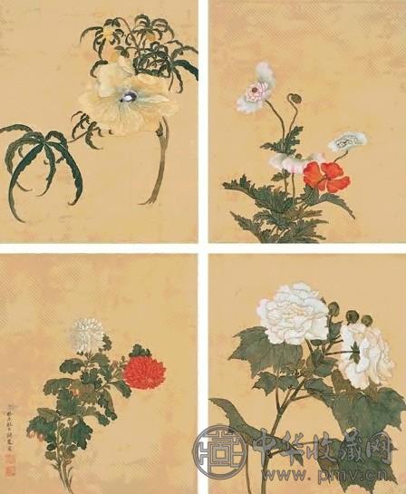 阙岚 癸未(1823)年作 花卉册 册页(12开选4) 设色绢本