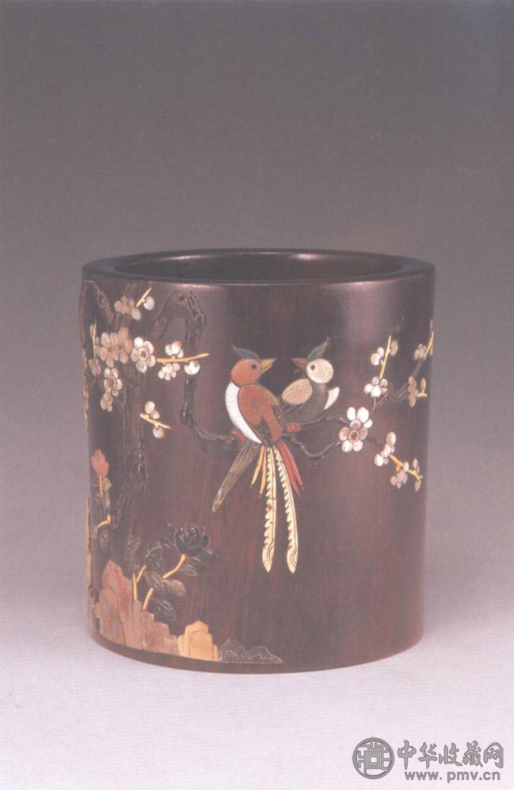 清 紫檀百宝嵌花鸟笔筒