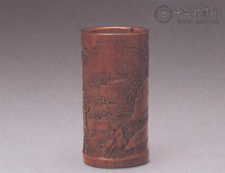 清 竹雕少溪款踏雪寻梅图笔筒