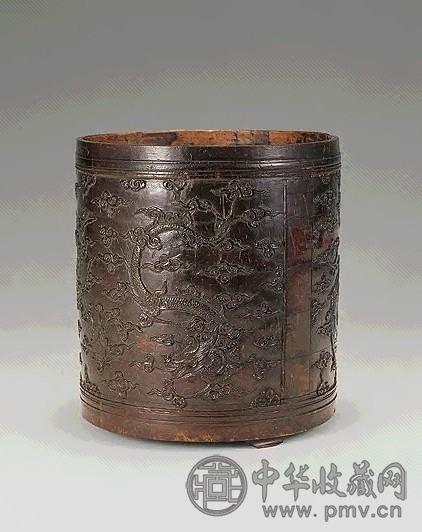 民国 槟榔雕龙凤纹笔筒