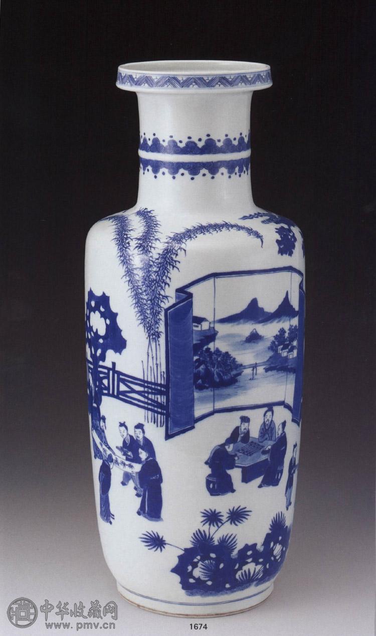 清康熙 青花琴棋书画棒槌瓶