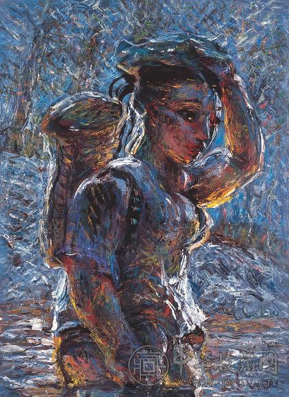 罗中立 过河 油画