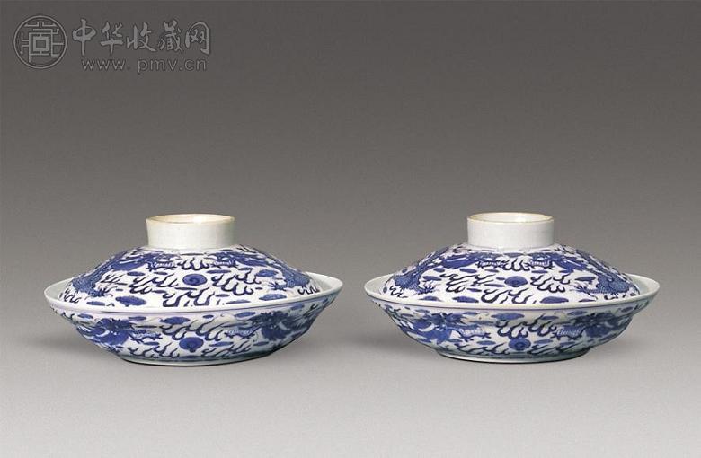 清光绪 青花龙纹折沿盖碗(1对)