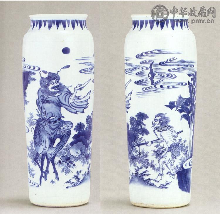 明崇祯 青花钟馗福禄图筒瓶