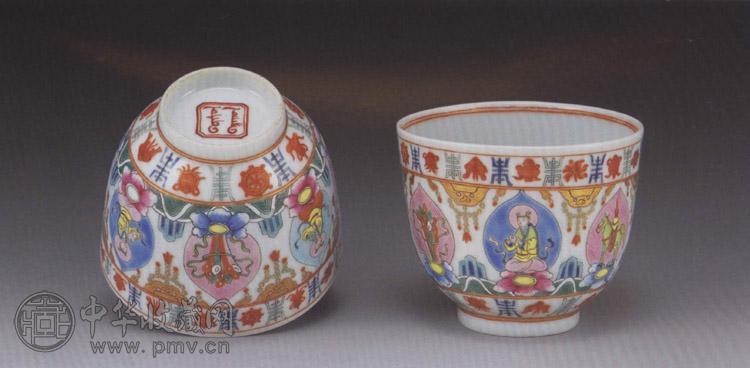 清同治 粉彩开光佛像杯(2件)