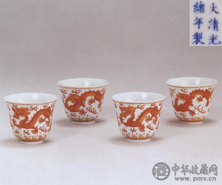 清光绪 矾红彩龙纹杯 四件