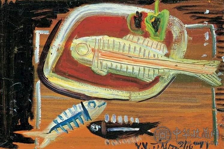 丁衍庸 1971年 三鱼图 纤维板
