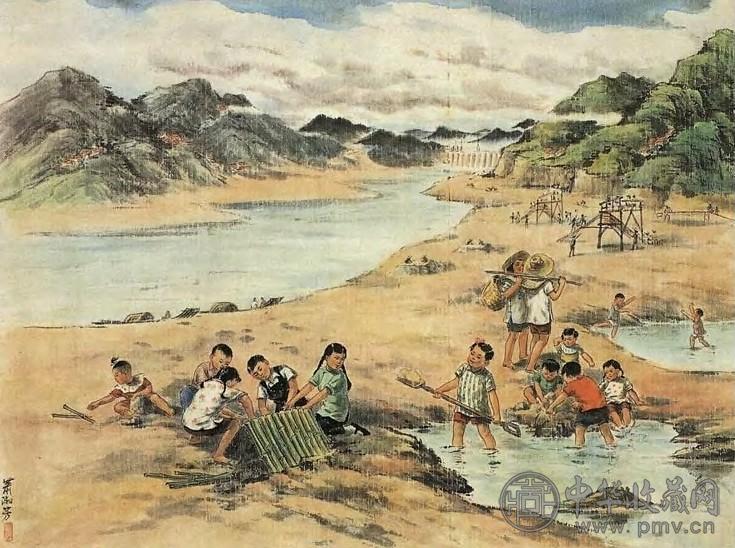 萧淑芳 近代 佛子岭水库工地儿童 镜心