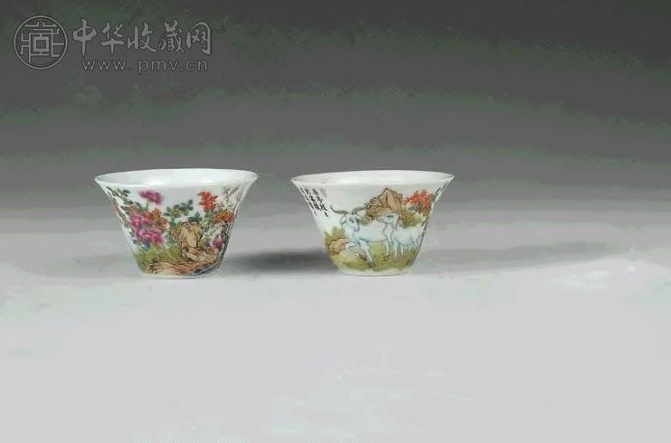 民国 粉彩三羊开泰小杯 一对