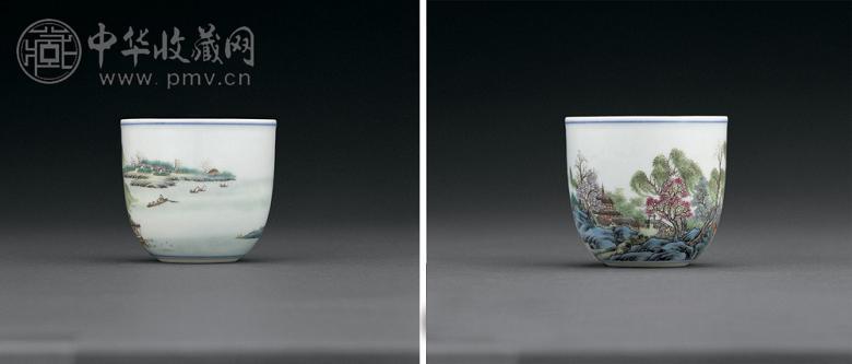 民国 粉彩山水图卧足杯