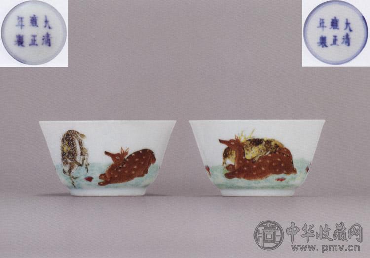 清雍正 粉彩双禄图杯(1对)