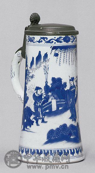 约一六五零年 青花人物纹镶锡边把杯