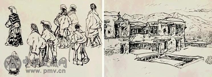 陈丹青 80年代 西藏组画(2幅) 纸上墨，素描