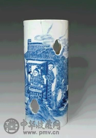 清 青花人物帽筒