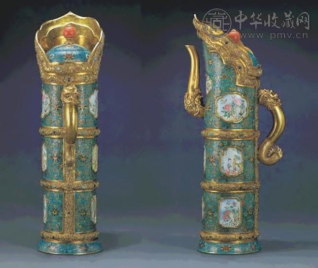 清乾隆 御制金胎掐丝珐琅开光画珐琅仕女花鸟纹多穆壶