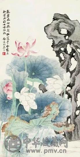 黄山寿 碧荷红露 立轴 设色纸本