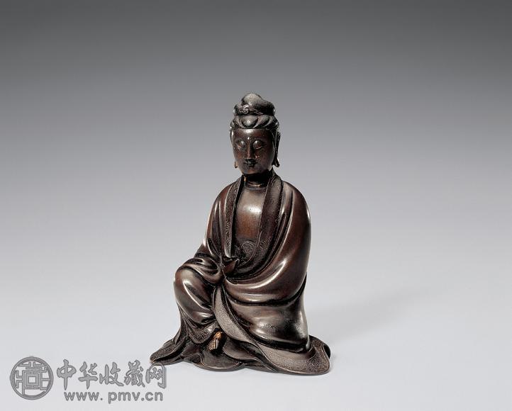 明 红铜嵌银丝“石叟”款观音像