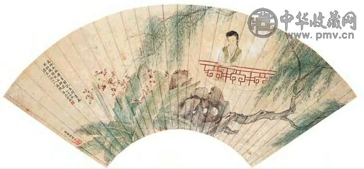 胡惕 凭栏思春 扇面 设色纸本