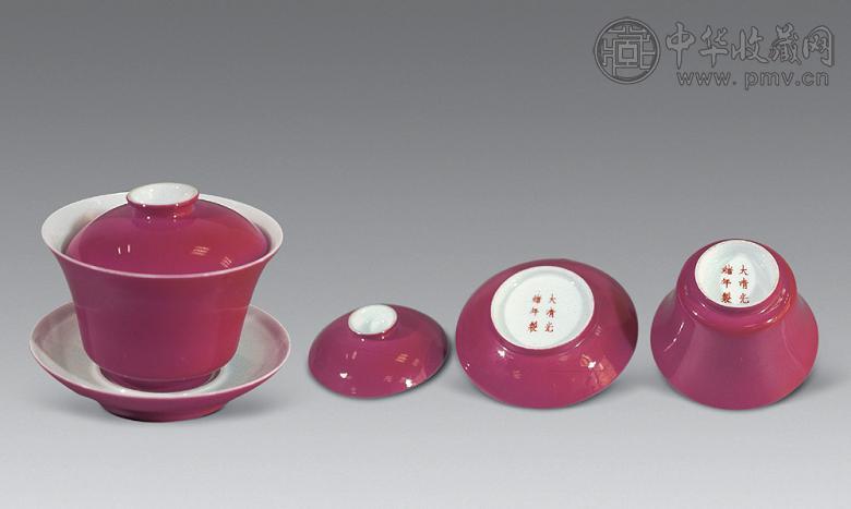 清 光绪 胭脂红盖碗托座(3件套)