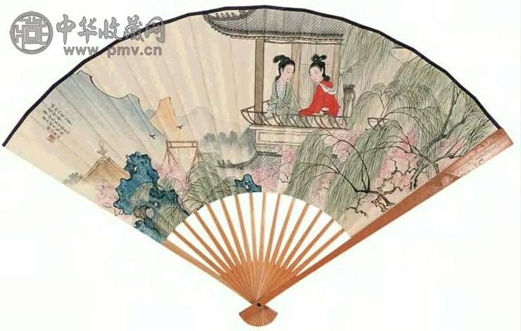 黄均 1943年作 双美图 扇面 设色纸本