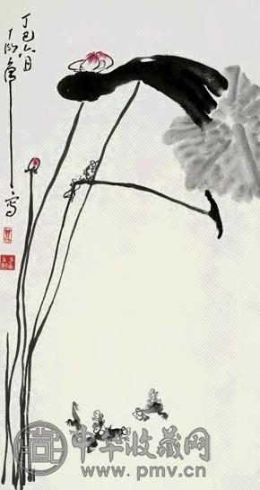 丁衍庸 1977年作 荷花青蛙 立轴 设色纸本