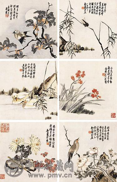 王寉年 杂画指画 册页(30帧选6) 设色绢本