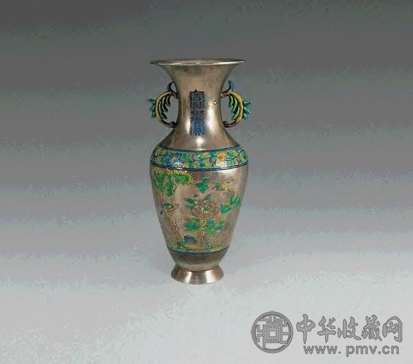民国 银雕花鸟人物瓶