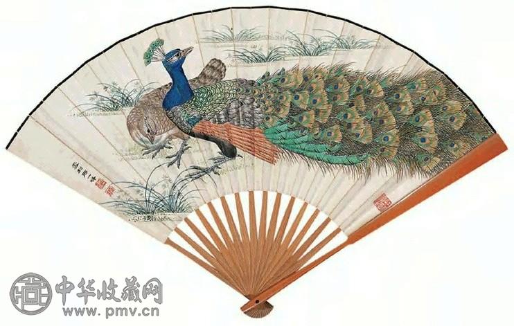 邢一峰 孔雀图、楷书 成扇 纸本设色