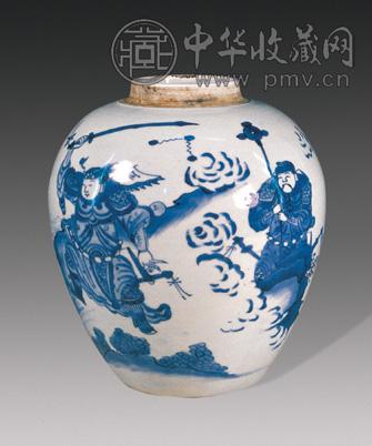 清初 青花刀马人罐